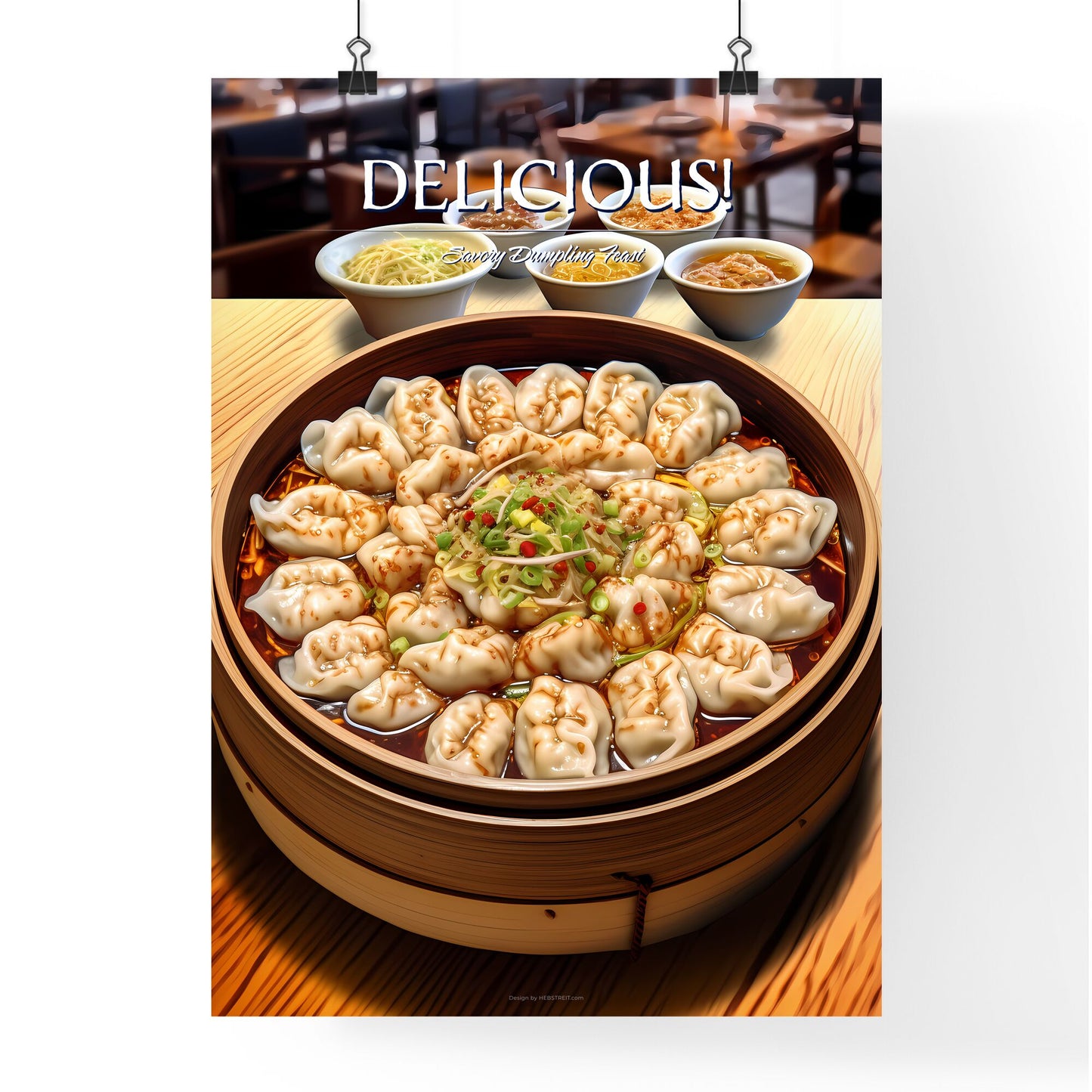 A Poster of Hot tasty chinese dumplings - A Bowl Of Dumplings With Different Sauces Default Title