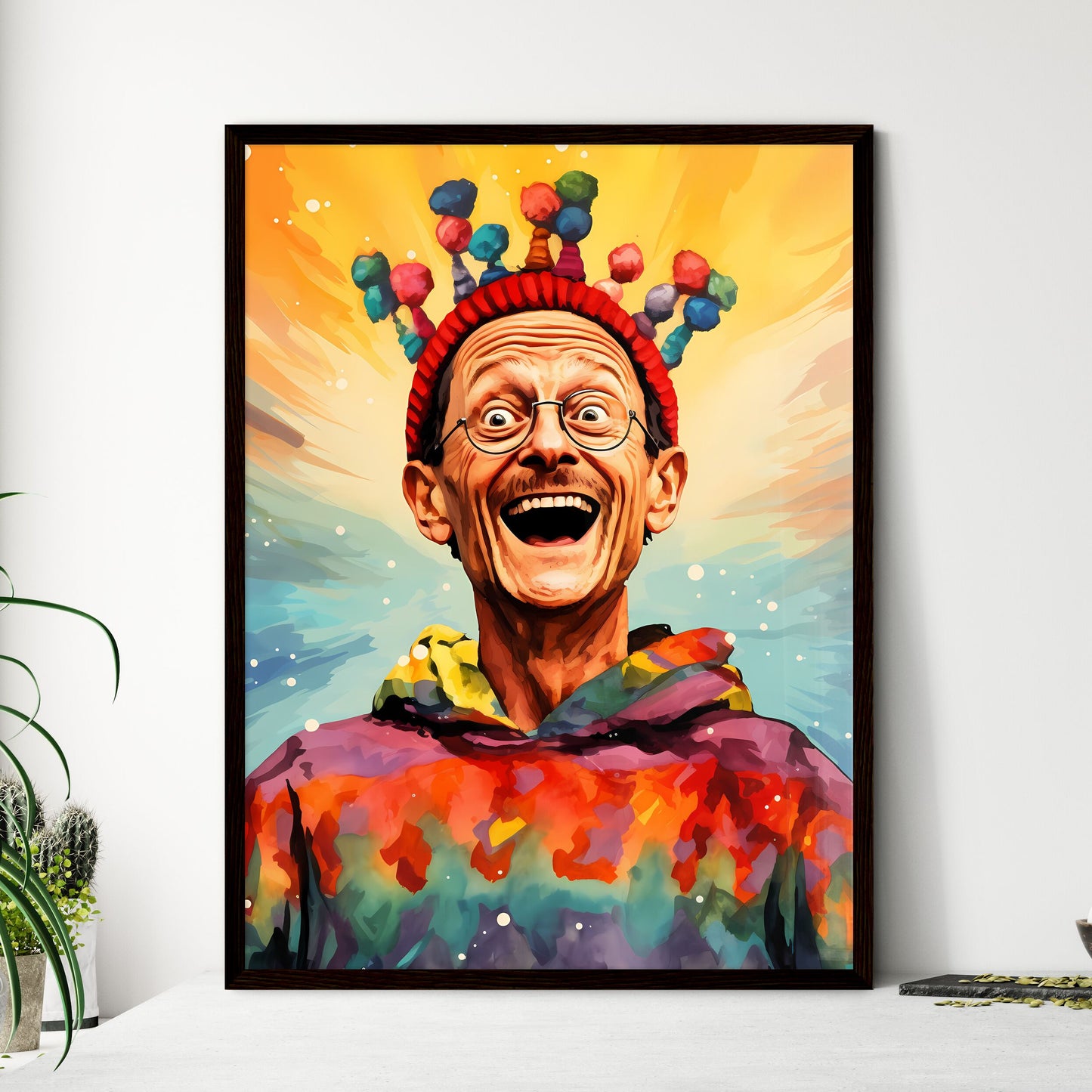 A Poster of happy suprised man wearing santa - Framed Art Print
