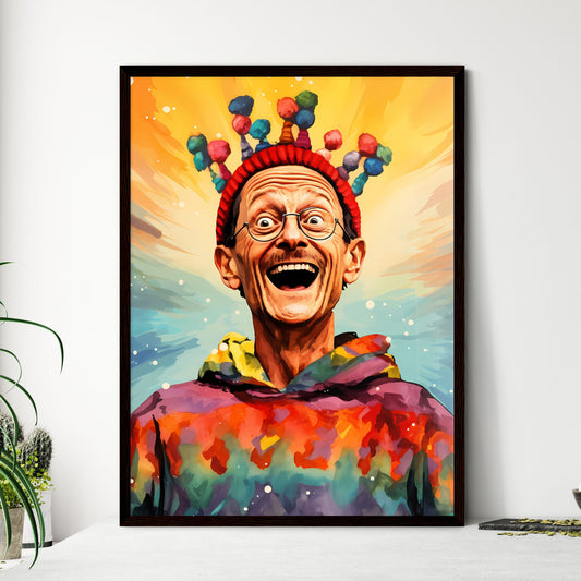 A Poster of happy suprised man wearing santa hat - A Man Wearing Glasses And A Hat With Pompoms On His Head Default Title