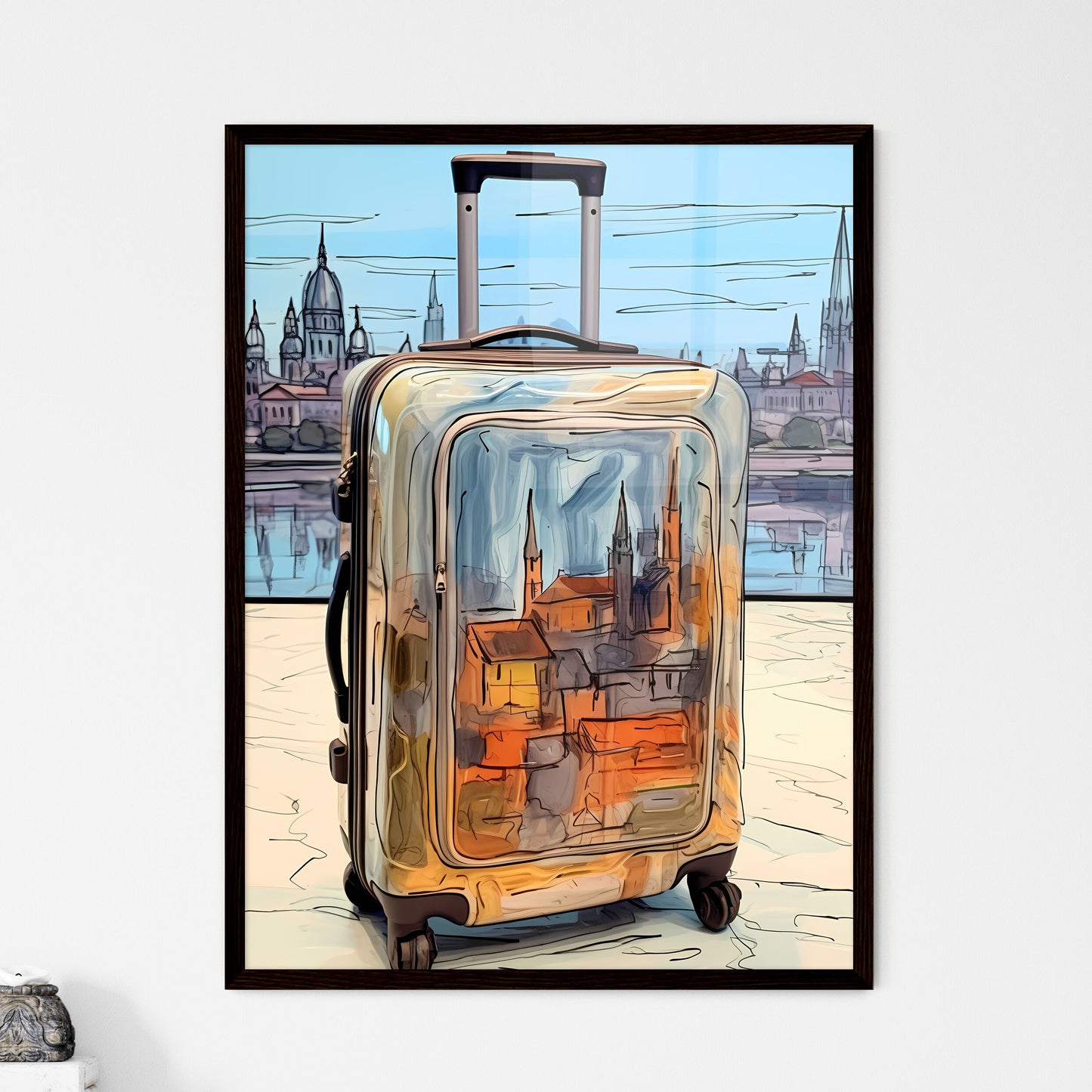 A Poster of travel suitcase at the airport - A Suitcase With A City In The Background Framed Art