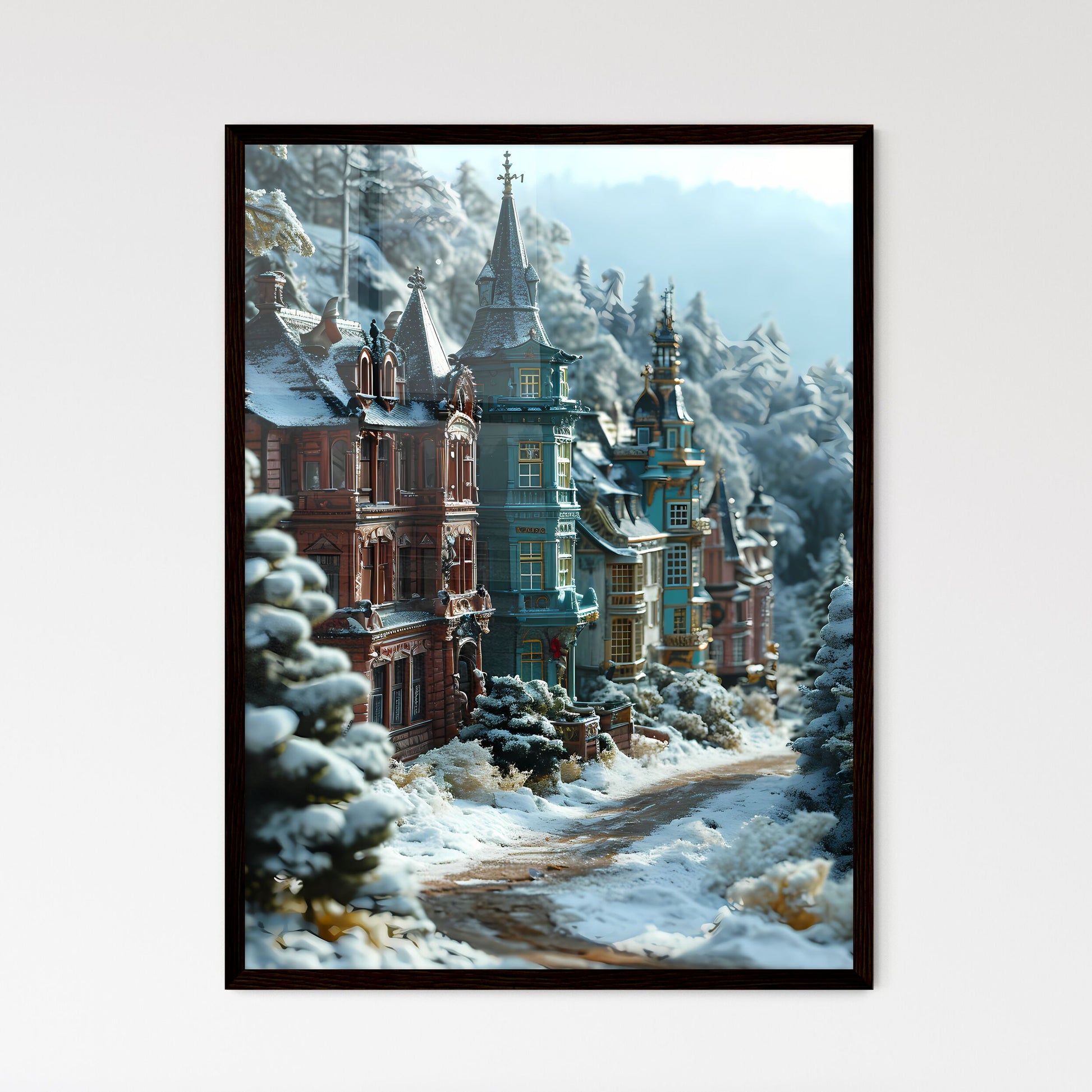 A Poster of a micro landscape of a City in fairy tales - A Row Of Houses In A Snowy Forest Framed Art