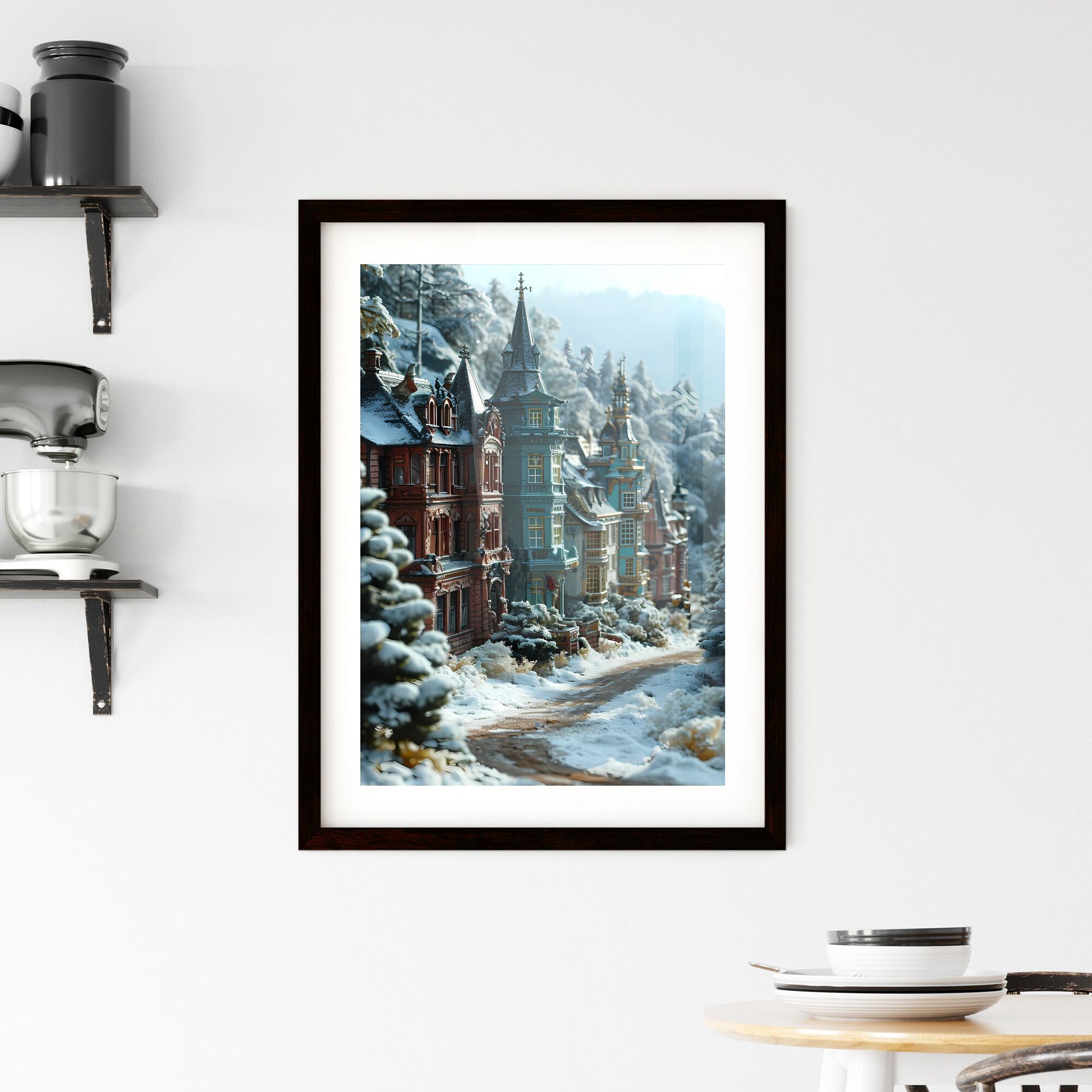 A Poster of a micro landscape of a City in fairy tales - A Row Of Houses In A Snowy Forest Default Title