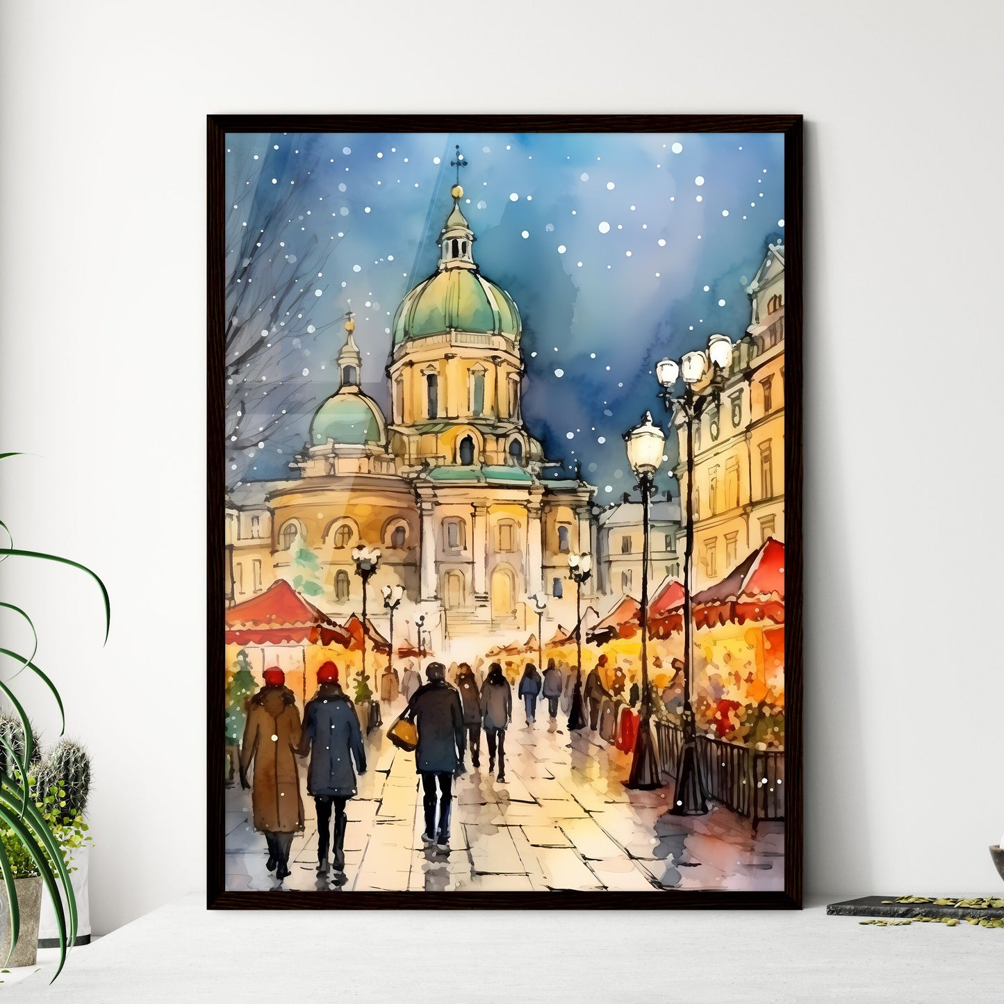 A Poster of people walking a beautiful Italian Christmas market - A Group Of People Walking Down A Street With A Building In The Background Framed Art