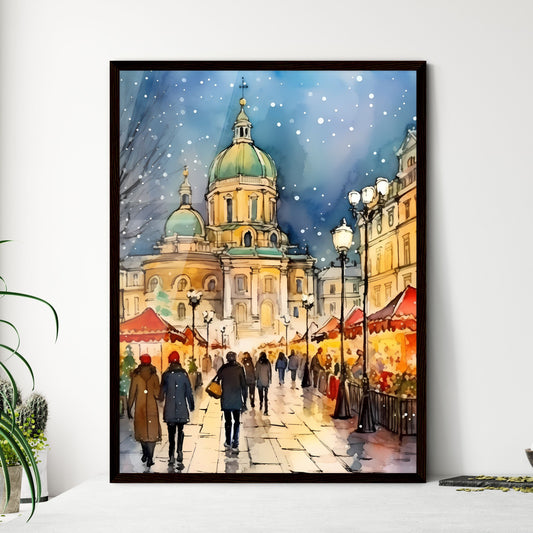 A Poster of people walking a beautiful Italian Christmas market - A Group Of People Walking Down A Street With A Building In The Background Framed Art