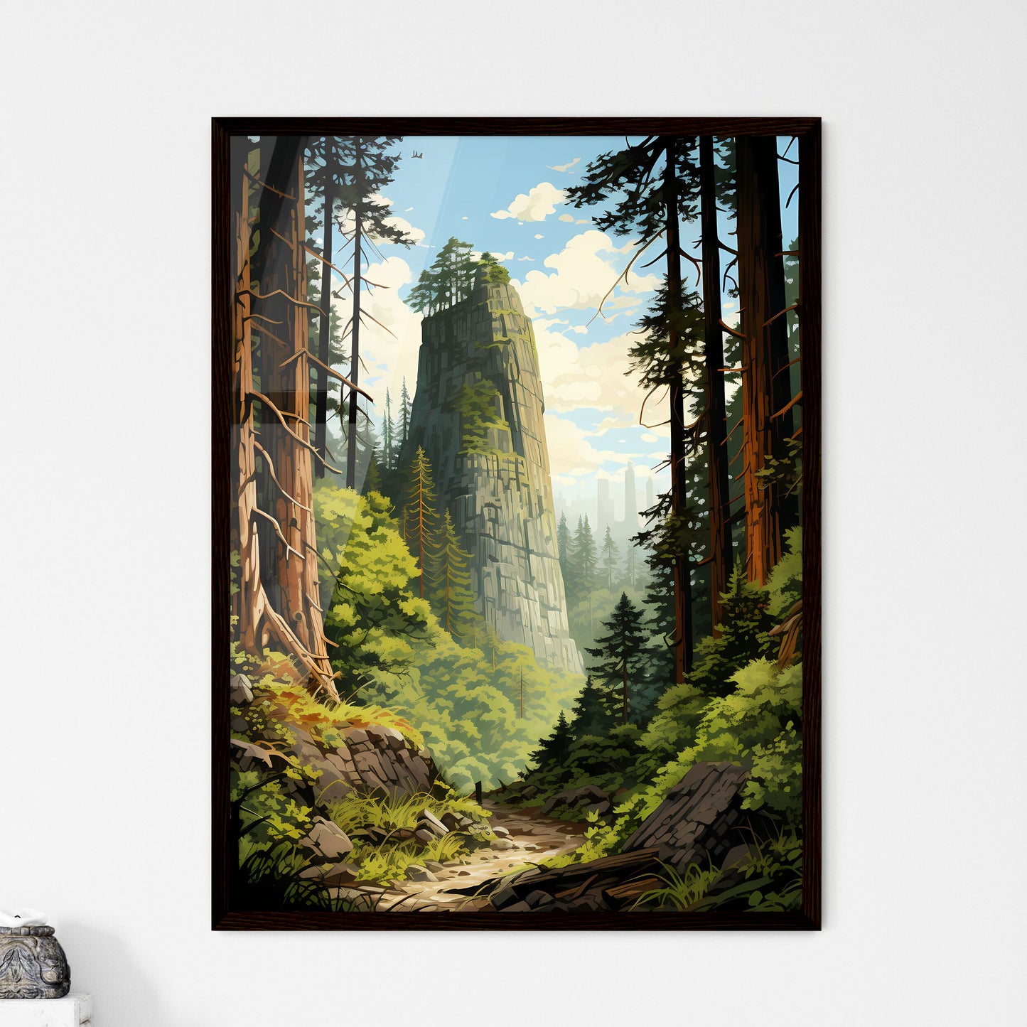 A Poster of Redwood National Park - A Mountain With Trees And A Path Framed Art