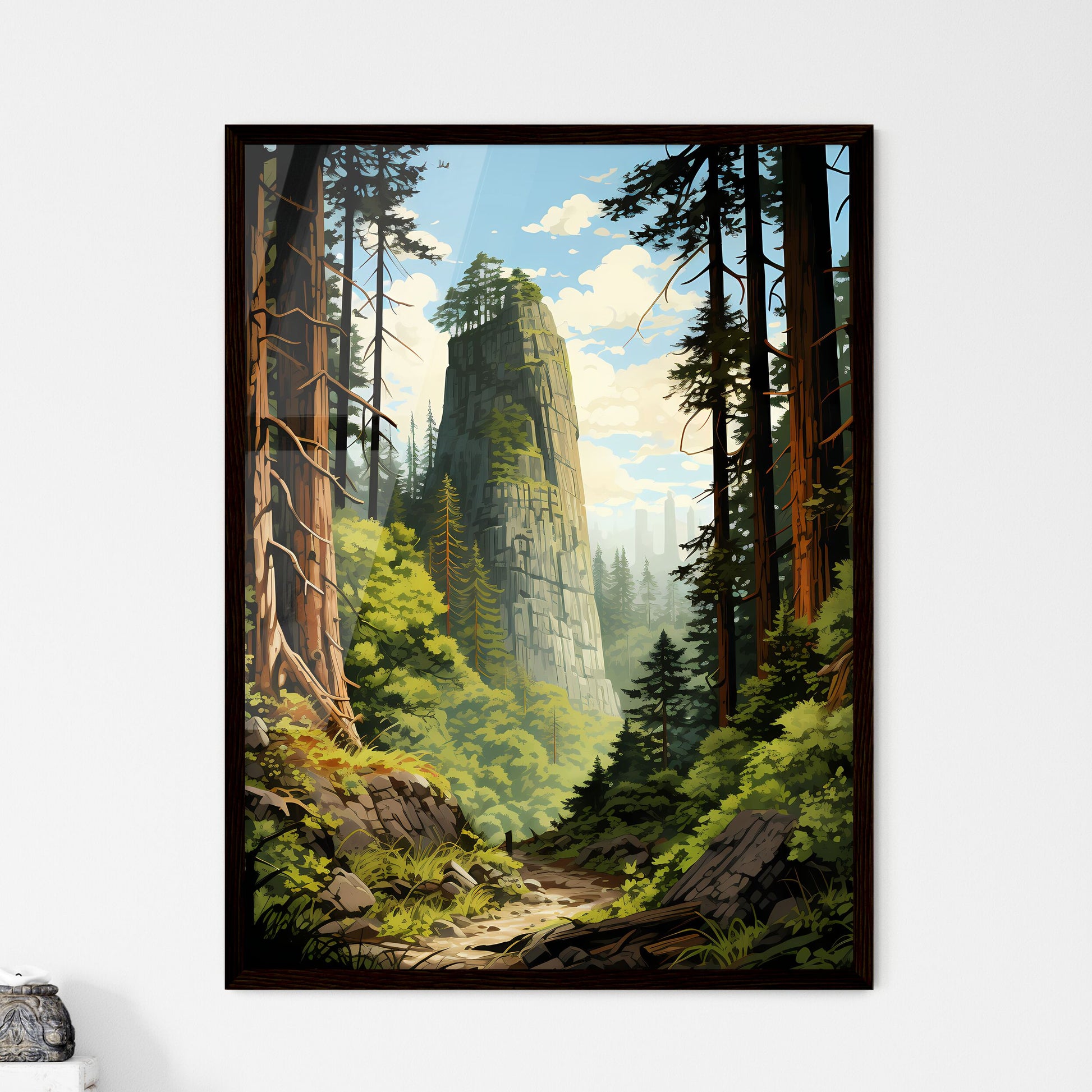 A Poster of Redwood National Park - A Mountain With Trees And A Path Framed Art
