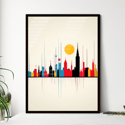 A Poster of minimalist Barcelona skyline - A Colorful City Skyline With Sun Framed Art