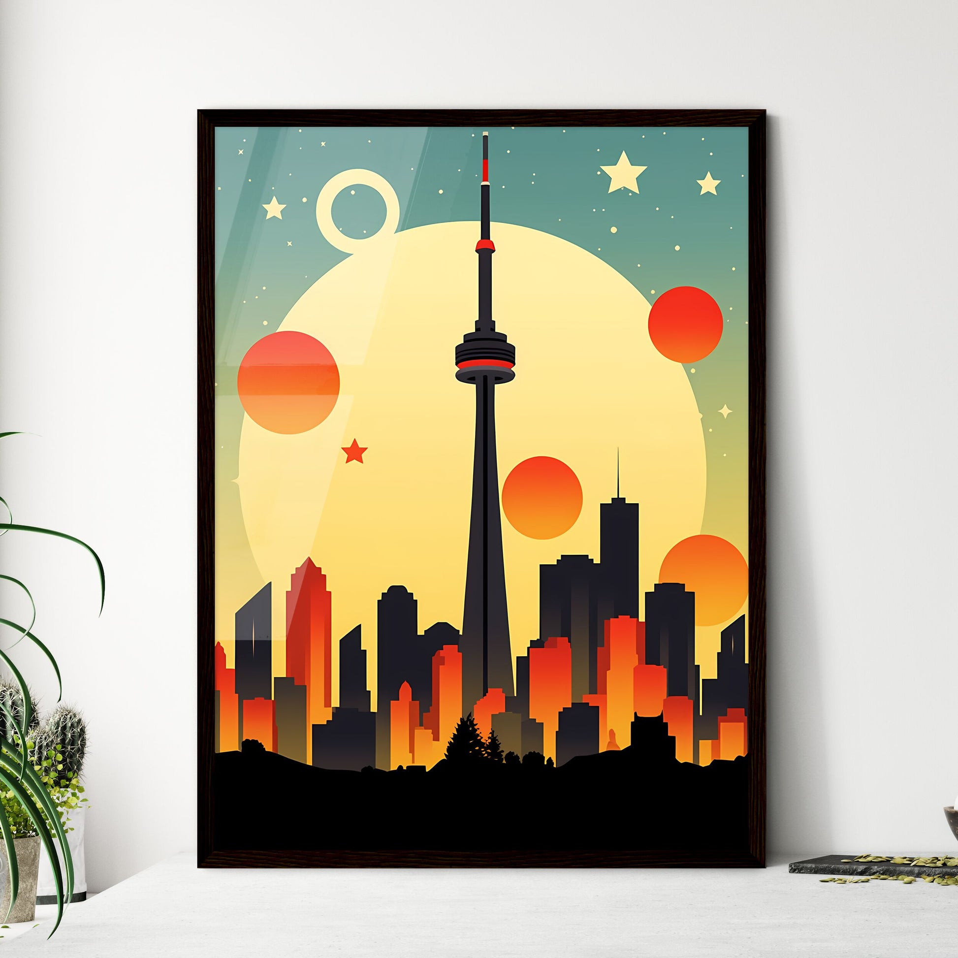 A Poster of minimalist Toronto skyline - A City Skyline With A Large Moon And Stars Framed Art