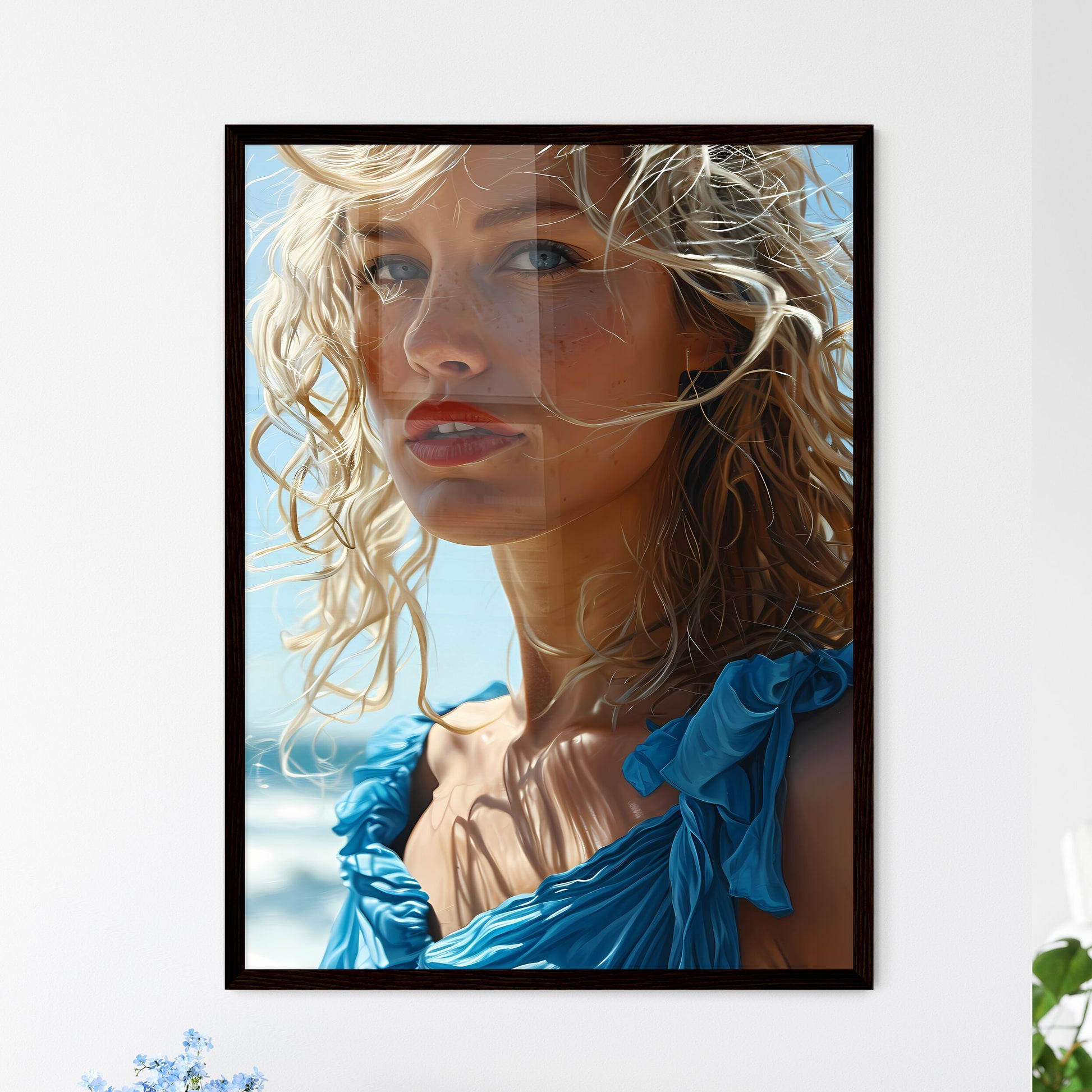 A Poster of an orange dress with blue eyes f - Framed Art Print