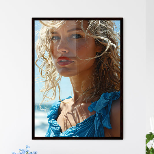 A Poster of an orange dress with blue eyes f - Framed Art Print