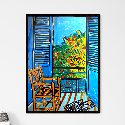 A Poster of Still life with Oranges ad Apples - A Drawing Of A Chair In Front Of A Window Framed Art