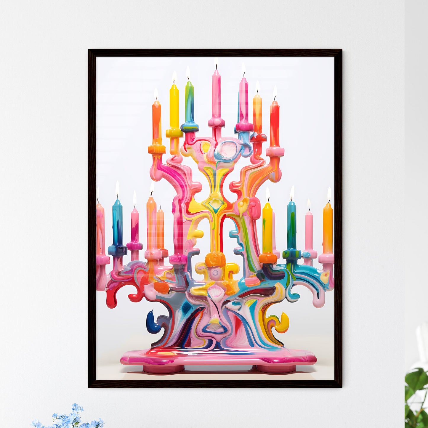 A Poster of a colorful menorah painted on white - A Colorful Candle Holder With Lit Candles Default Title