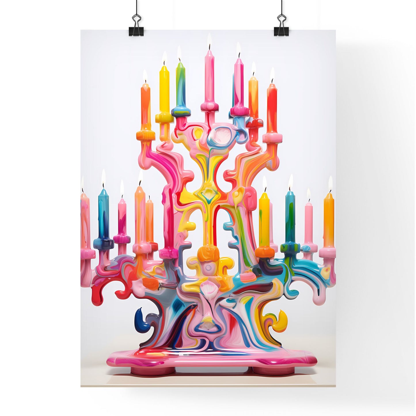 A Poster of a colorful menorah painted on white - A Colorful Candle Holder With Lit Candles Default Title