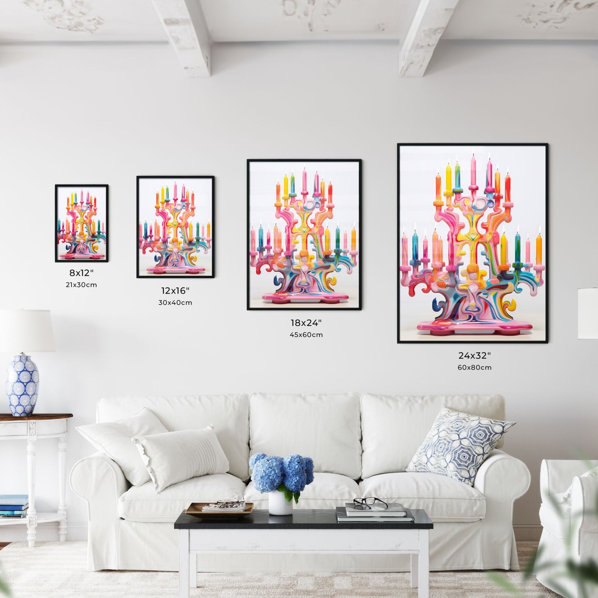 A Poster of a colorful menorah painted on white - A Colorful Candle Holder With Lit Candles Default Title