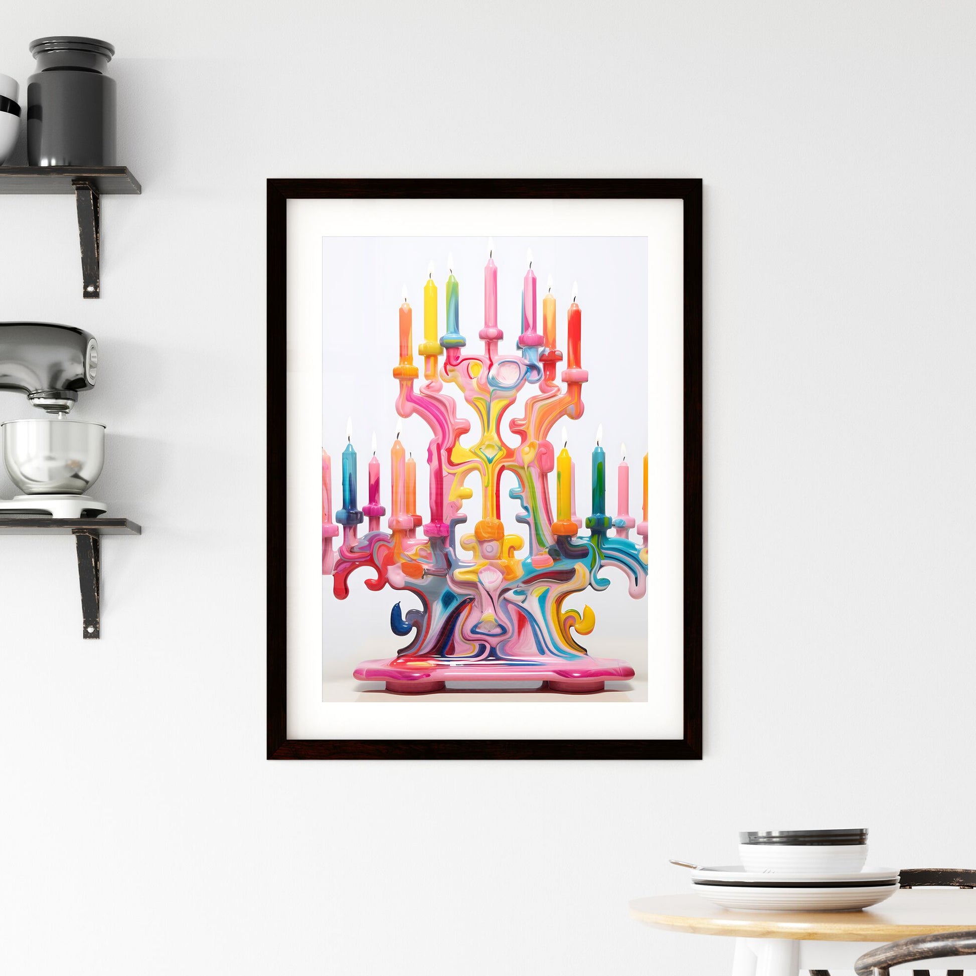 A Poster of a colorful menorah painted on white - A Colorful Candle Holder With Lit Candles Default Title