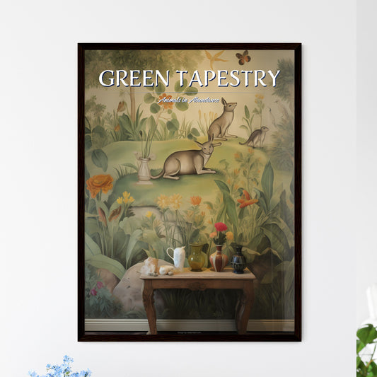 A Poster of the tapestry is green with many animals  Wall Art