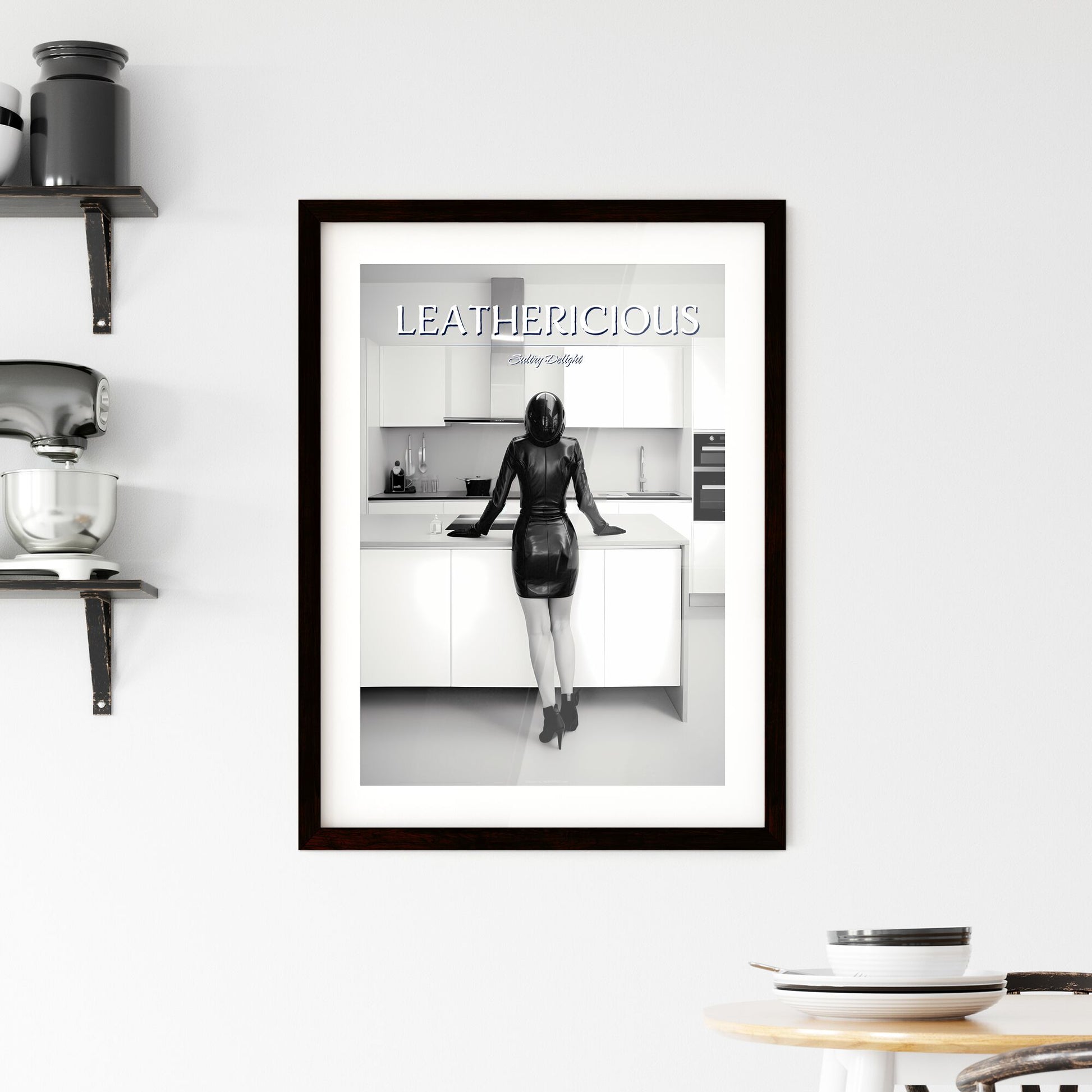 A Poster of woman wearing skintight black leather - A Woman In A Black Latex Outfit In A Kitchen Default Title