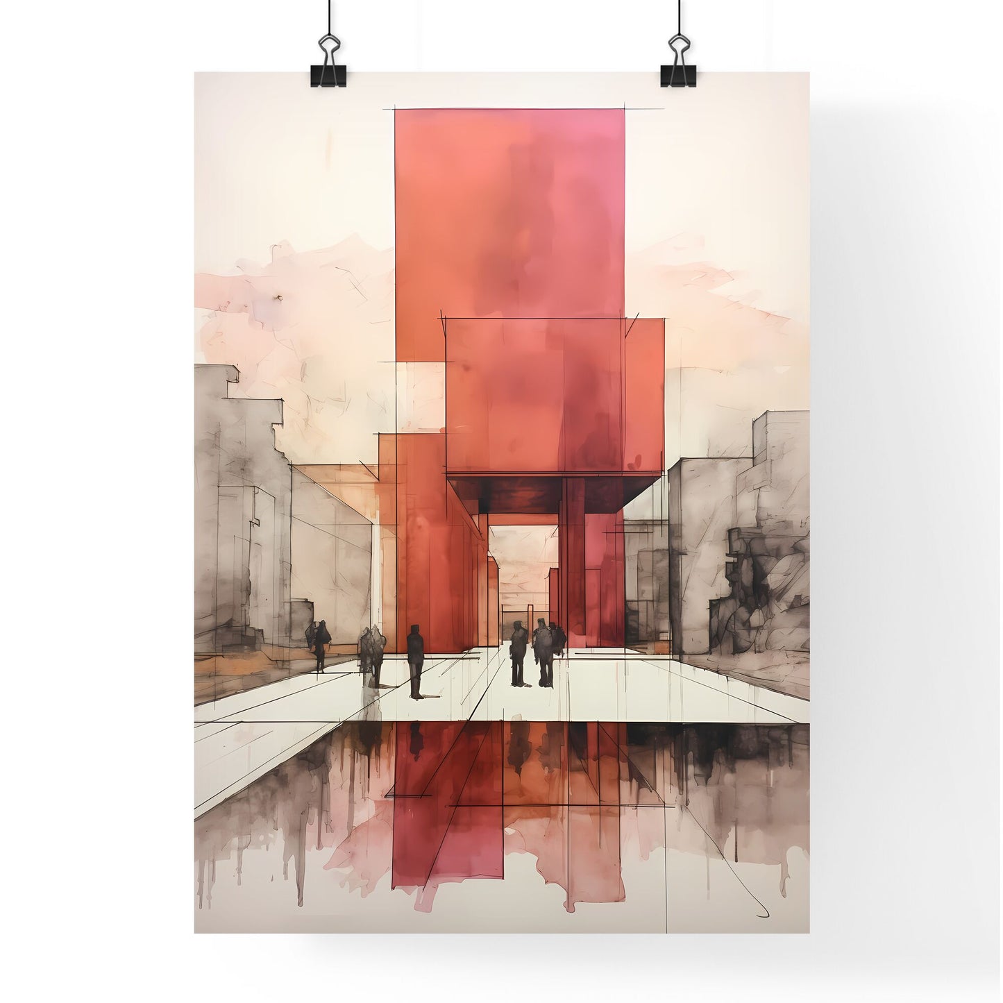 A Poster of minimalism architecture - A Drawing Of A Building With Red Columns Default Title