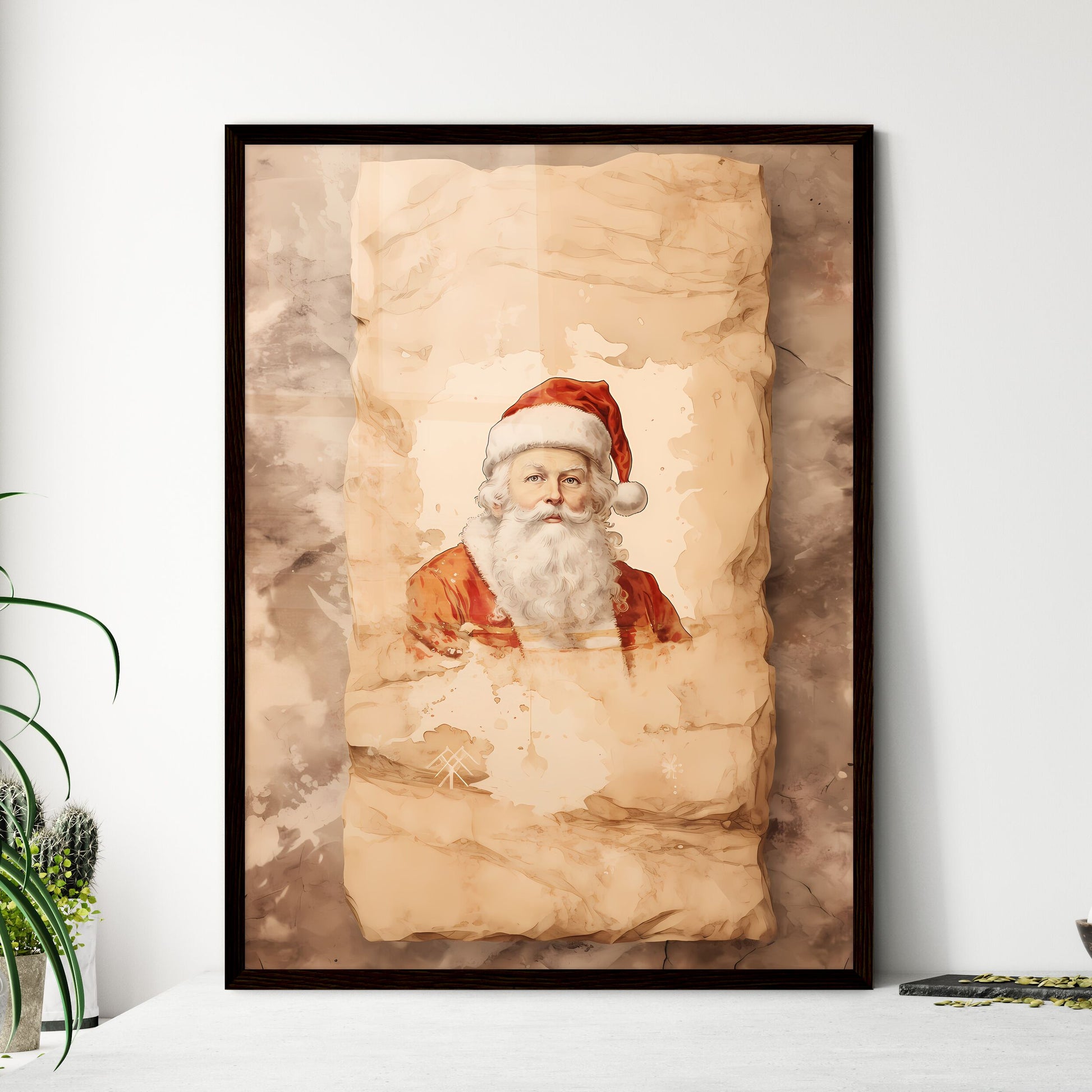 A Poster of santa claus on a beige insulated - Framed Art Print