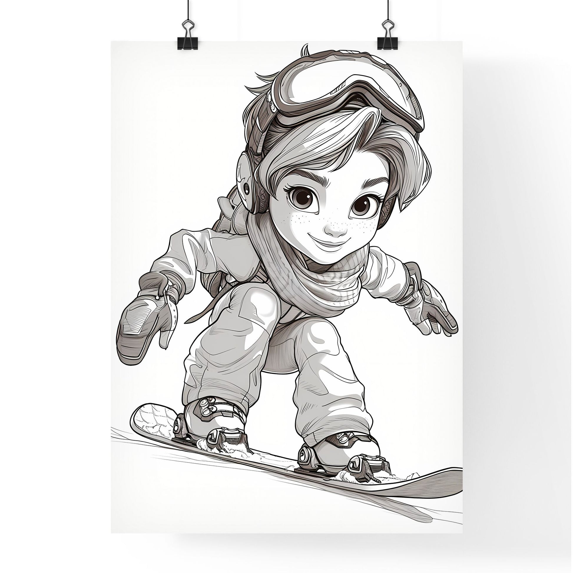 A Poster of coloring page for kids Snowboarding - A Cartoon Of A Girl On A Snowboard Default Title