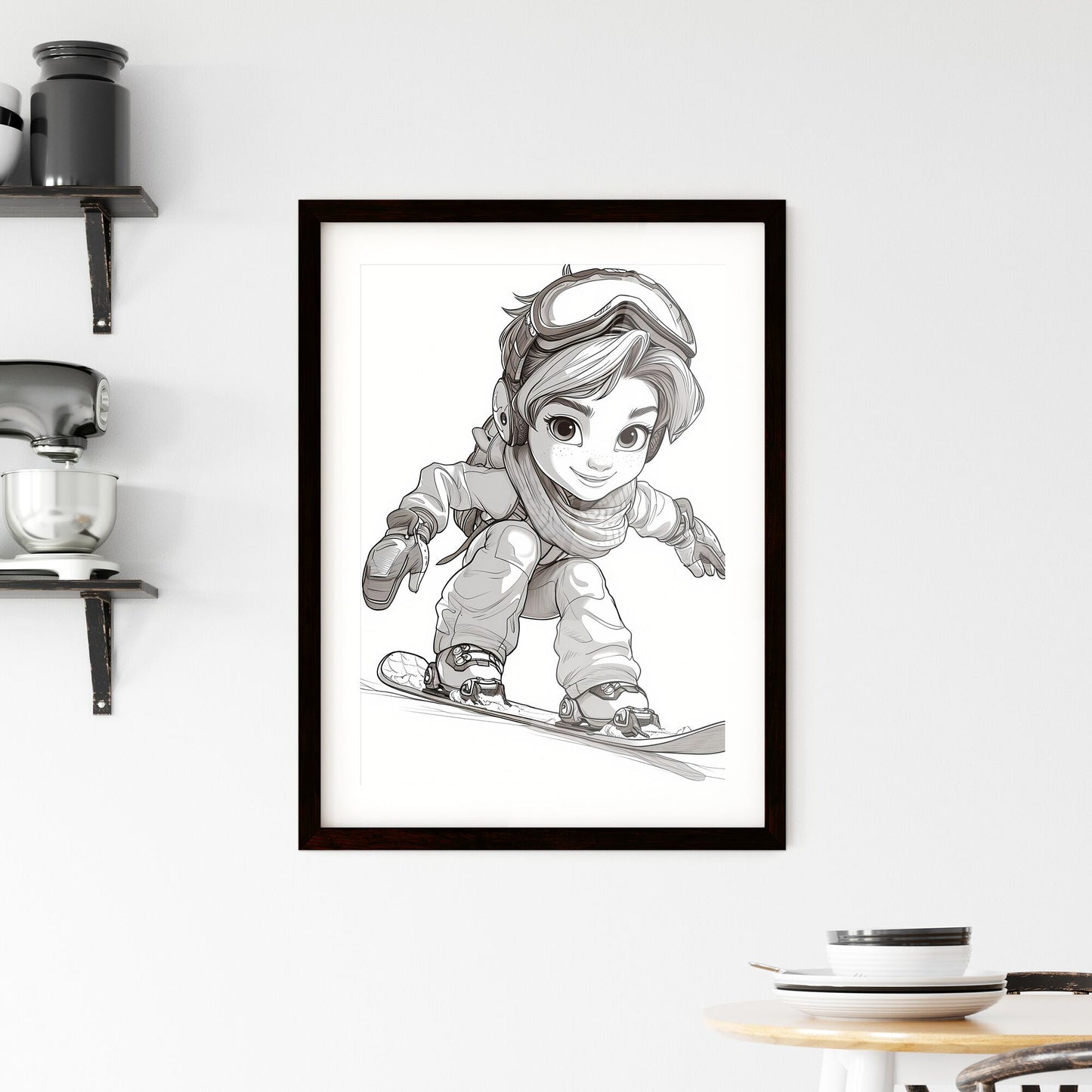 A Poster of coloring page for kids Snowboarding - A Cartoon Of A Girl On A Snowboard Default Title