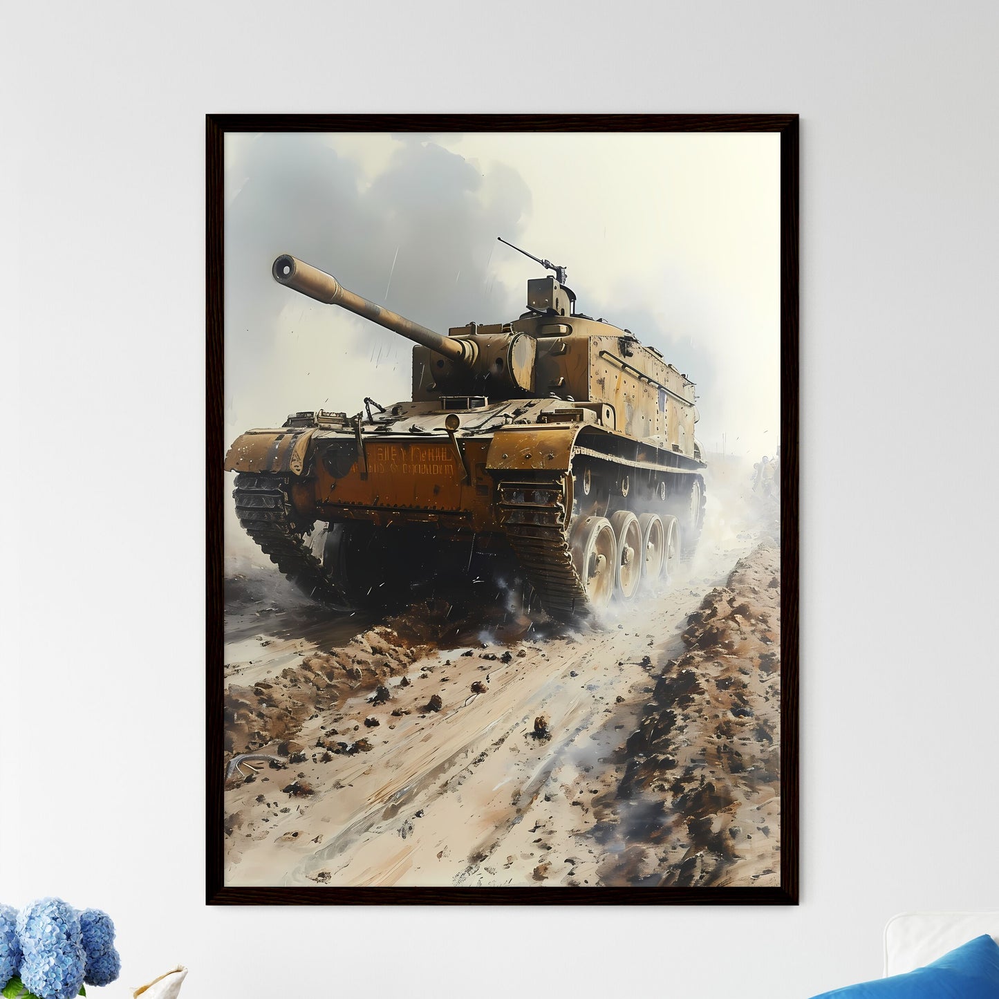 A Poster of WW1 tank battlefield in the back - Framed Art Print