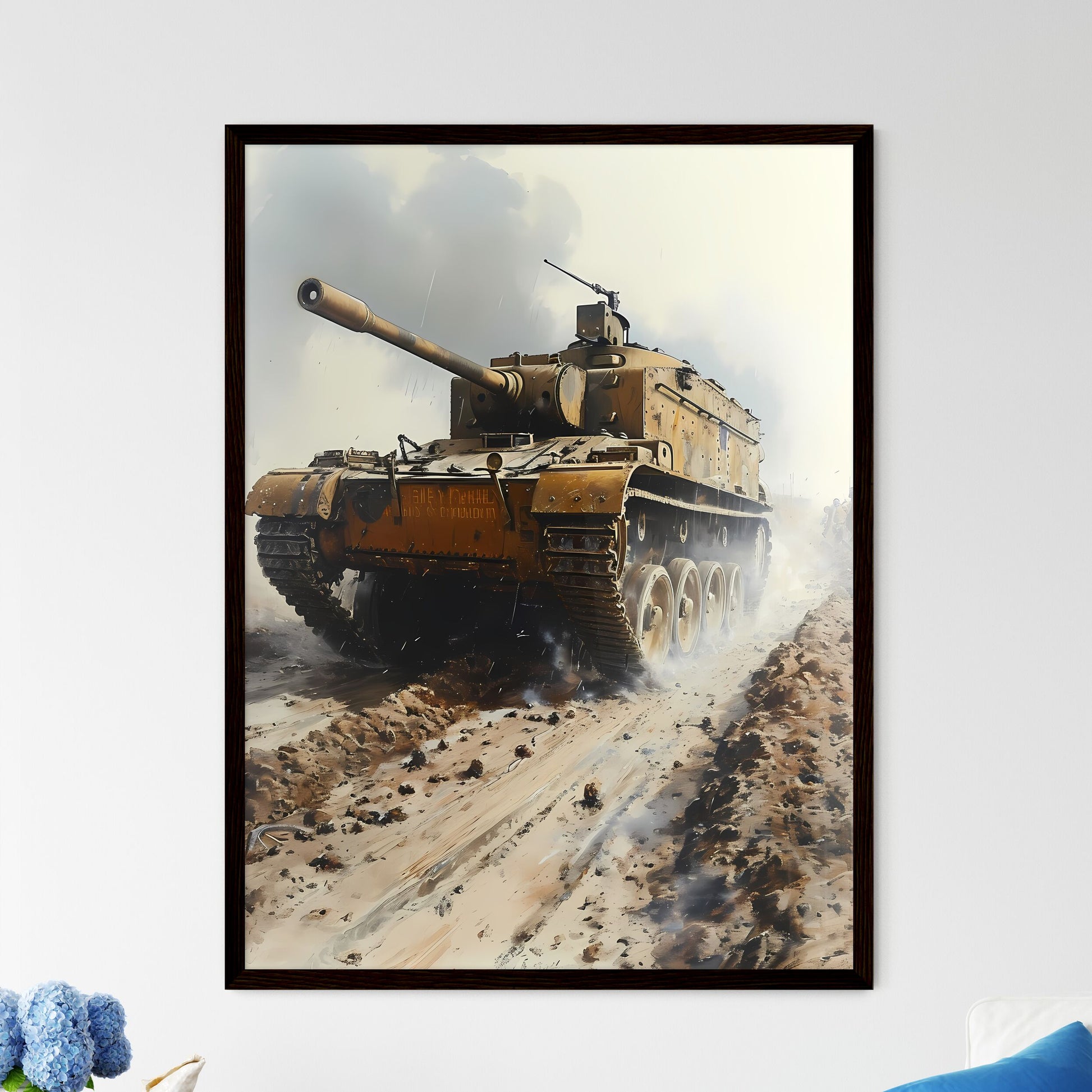 A Poster of WW1 tank battlefield in the back - Framed Art Print