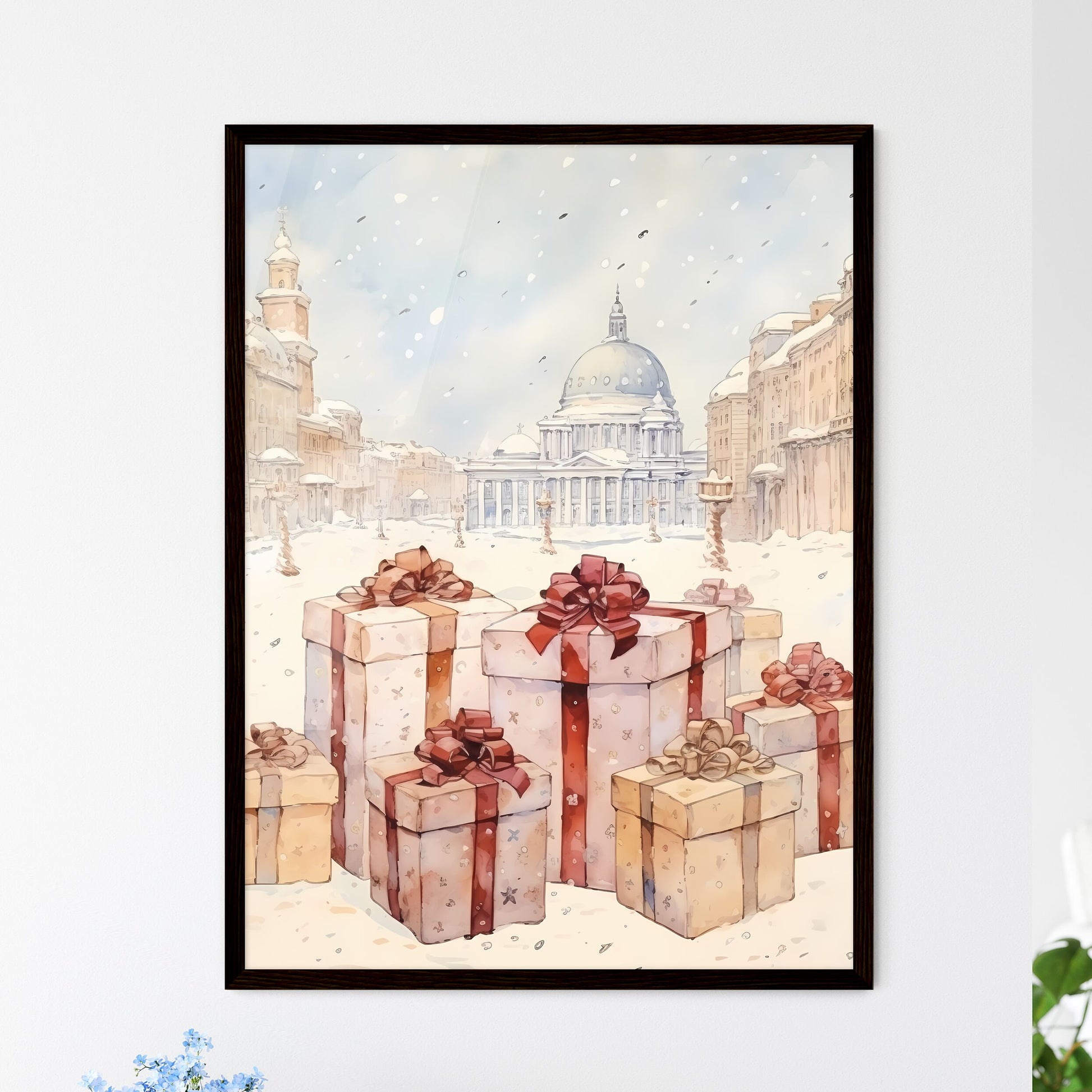 A Poster of Christmas and Holiday Gifts on Snow - A Group Of Presents In A Snowy City Framed Art