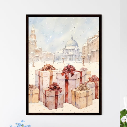 A Poster of Christmas and Holiday Gifts on Snow - A Group Of Presents In A Snowy City Framed Art