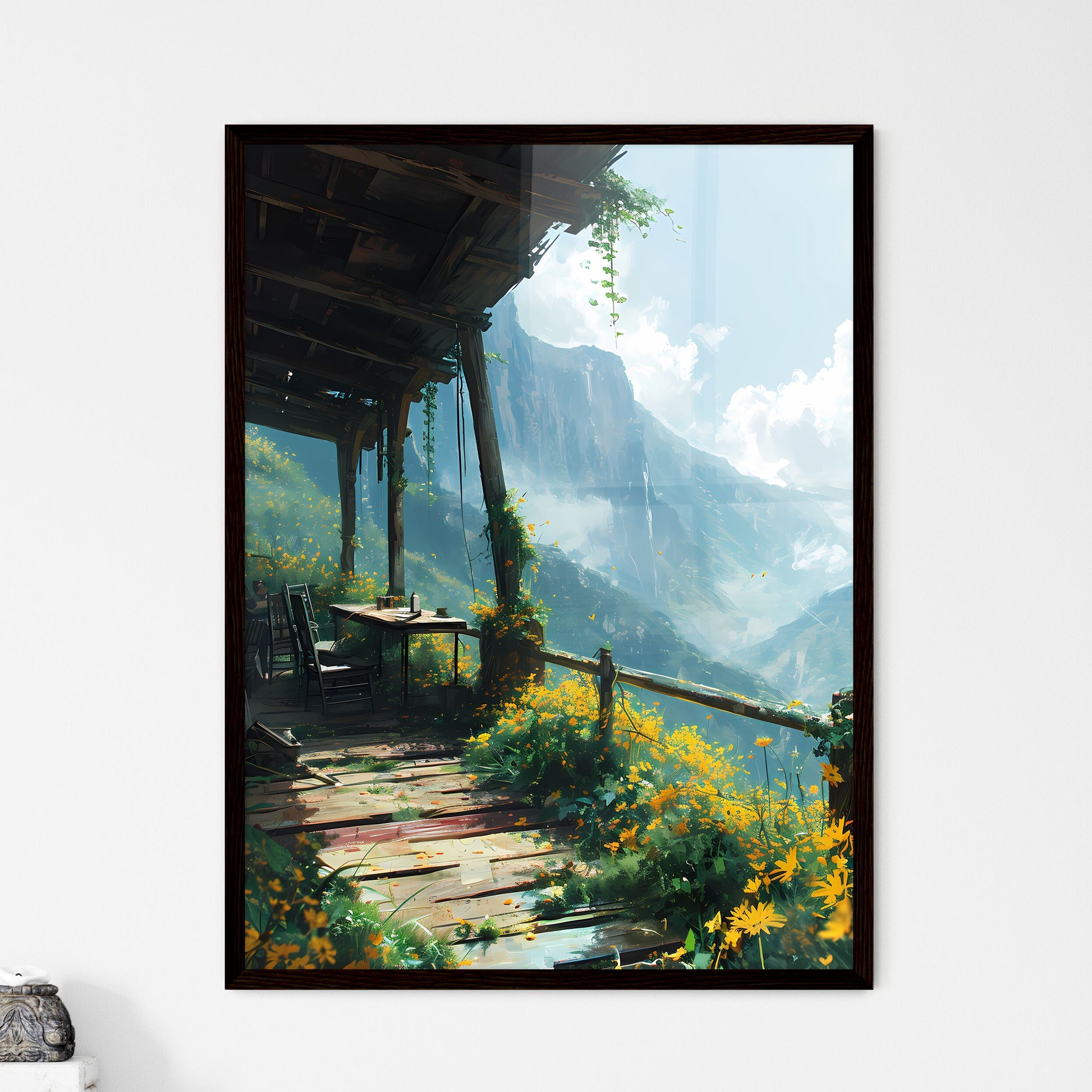 A Poster of furniture on deck with a view -  - Framed Art Print