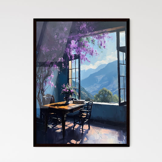 A Poster of Painting of table and chairs by the window - A Table And Chairs In A Room With Purple Flowers Framed Art