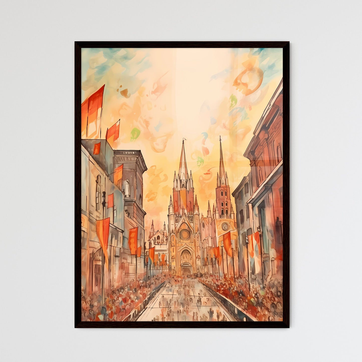 A Poster of cinco de mayo holiday card with copy space - A Street With Buildings And Flags Framed Art