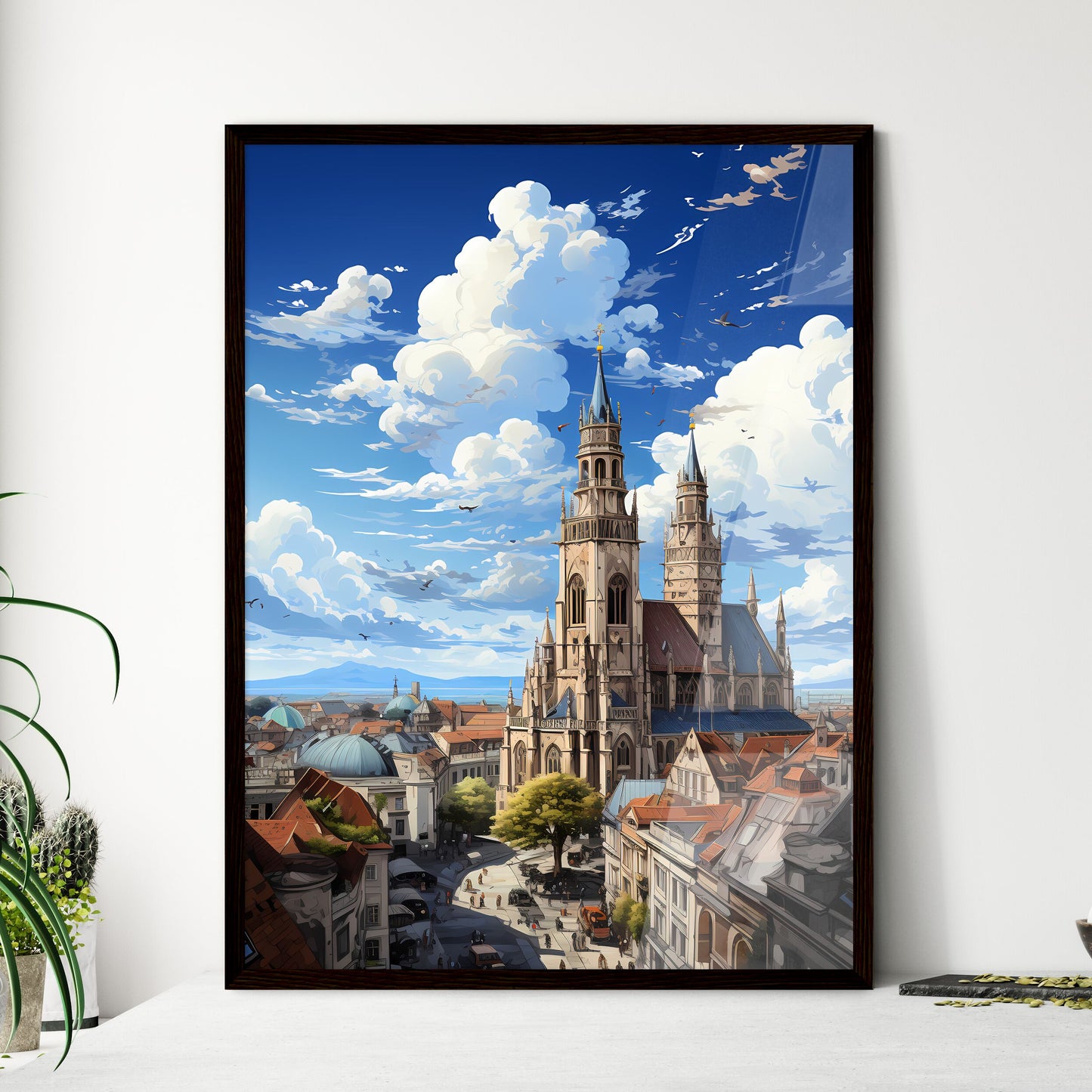 A Poster of the roofs of munich skyline - A Large Building With Towers And A City In The Background Framed Art