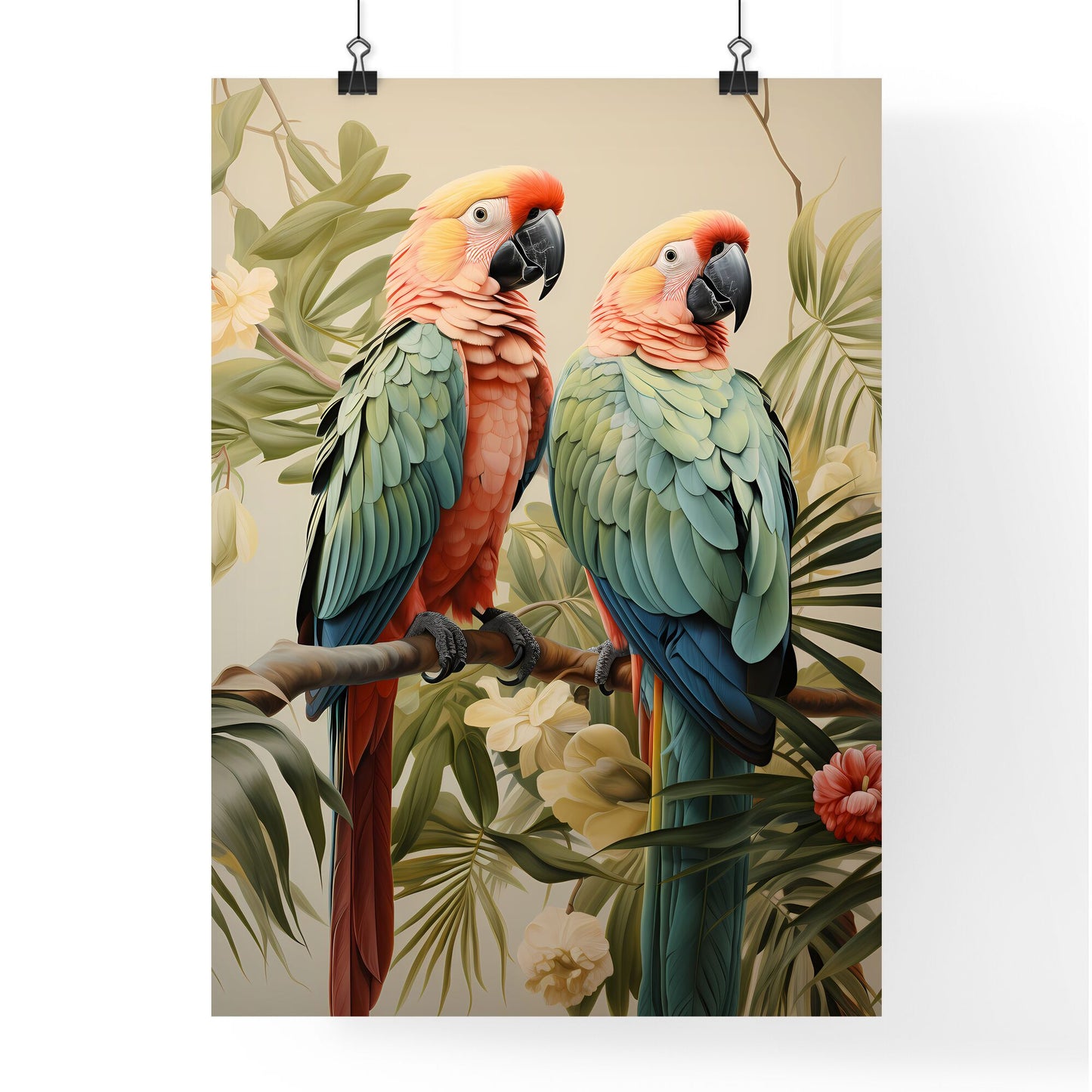 A Poster of green palm leaves - Two Colorful Birds On A Branch Default Title