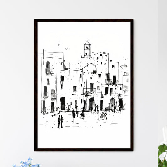 A Poster of Trapani TP city center and some people - A Drawing Of A Group Of People Walking In A Street Framed Art