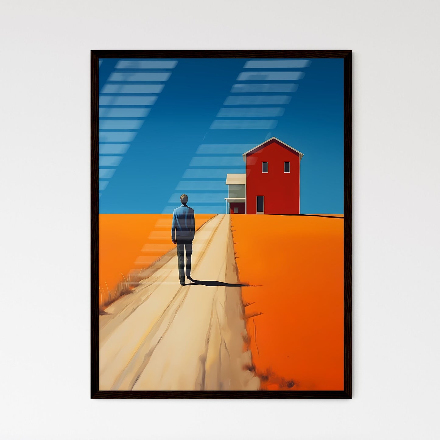 A Poster of end of the road - A Man Standing On A Road With A House In The Background Framed Art