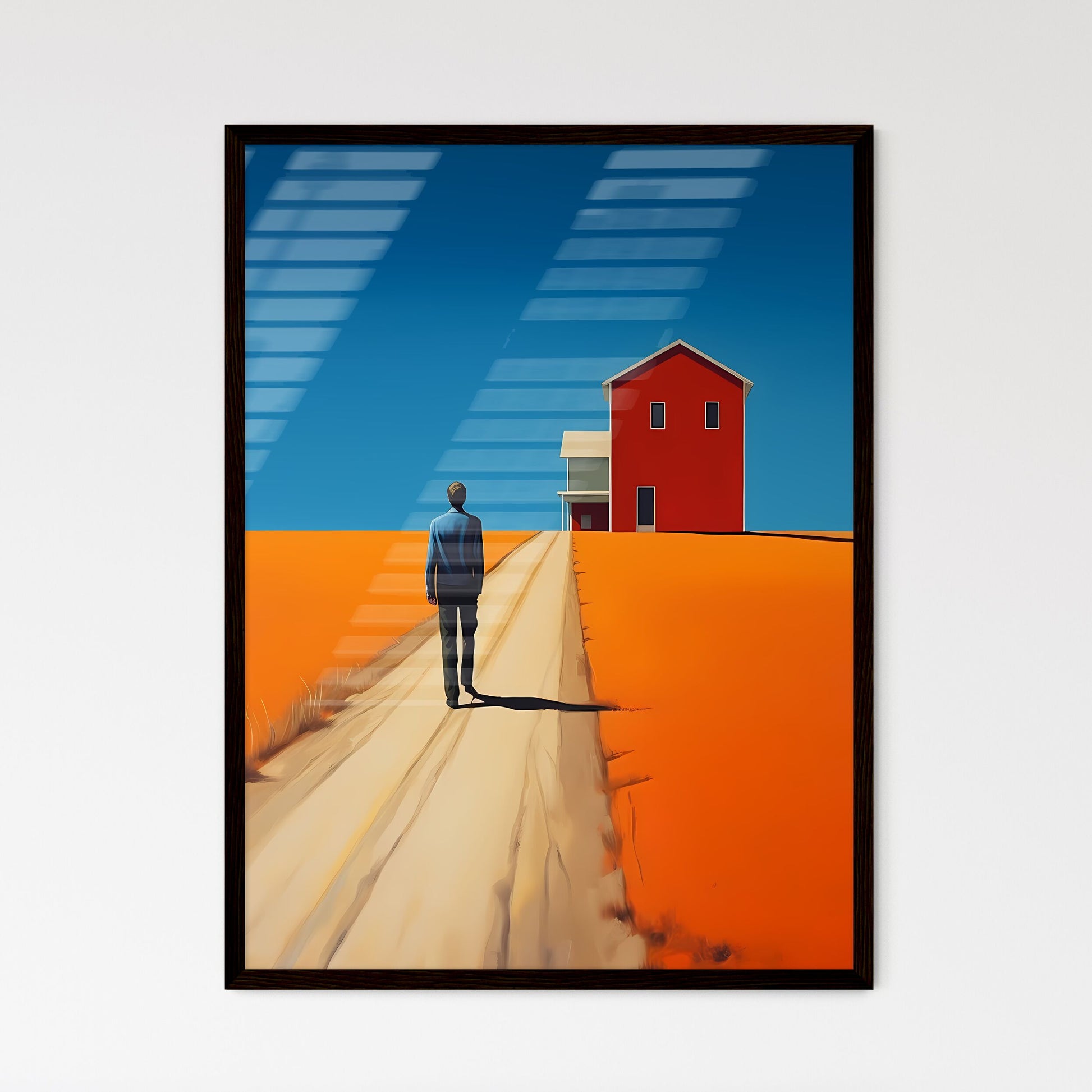 A Poster of end of the road - A Man Standing On A Road With A House In The Background Framed Art