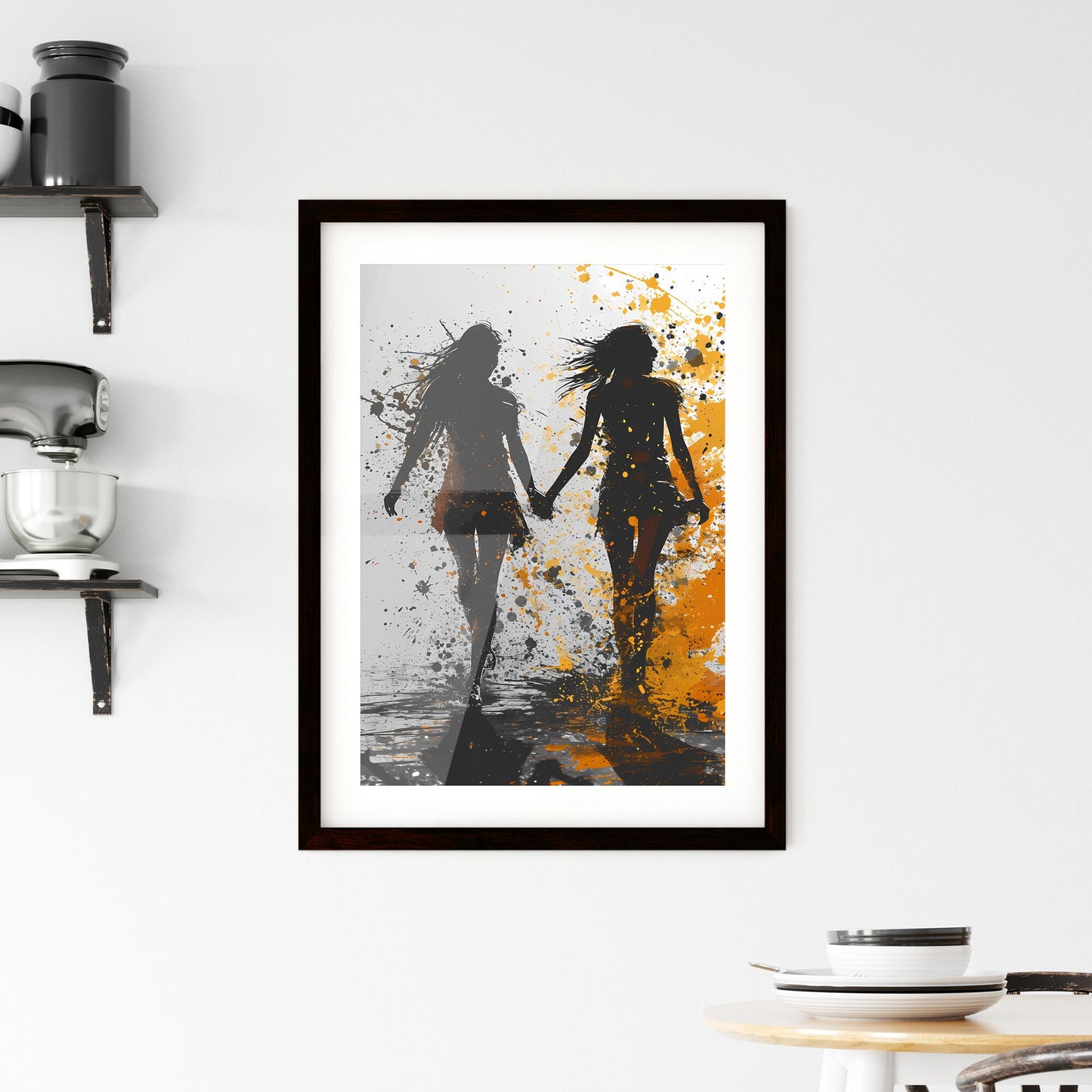 A Poster of Hand drawn black and white fashion sketch - Two Women Holding Hands In Water Default Title