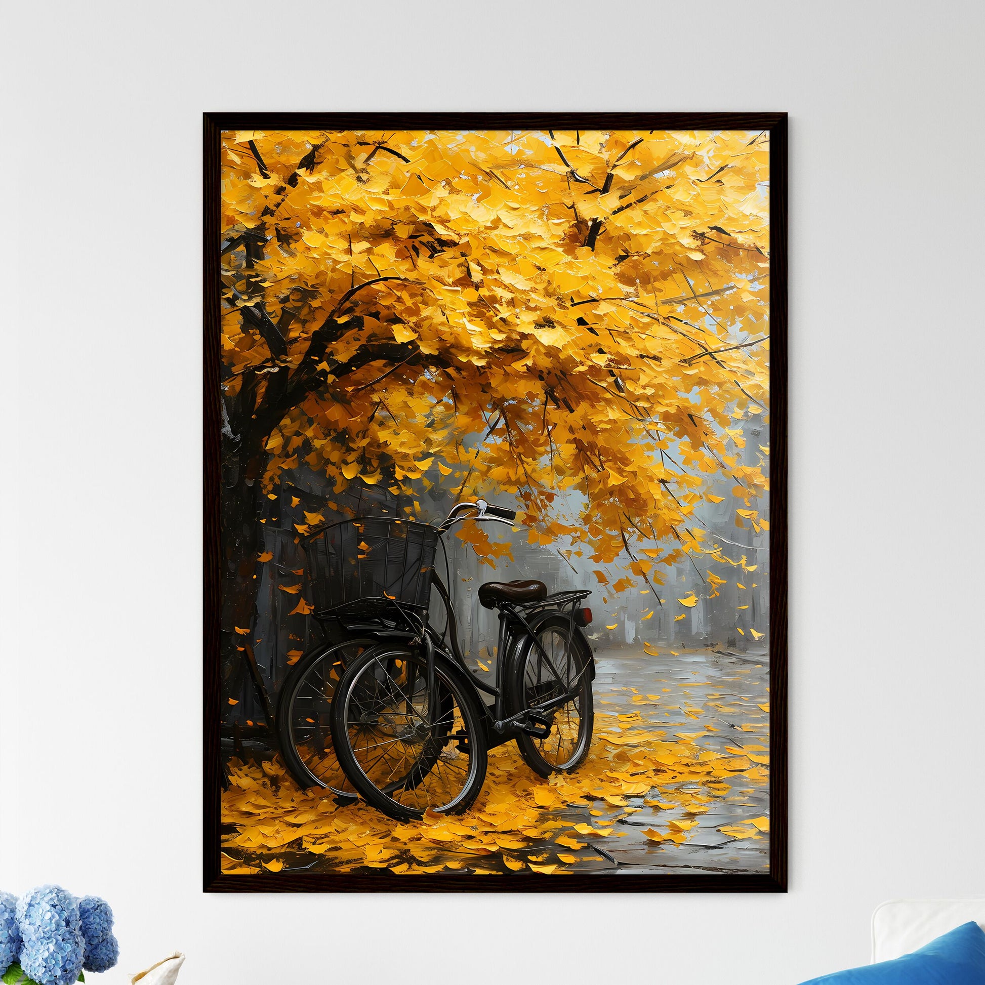 A Poster of an oil painting of a bicycle aga - Framed Art Print