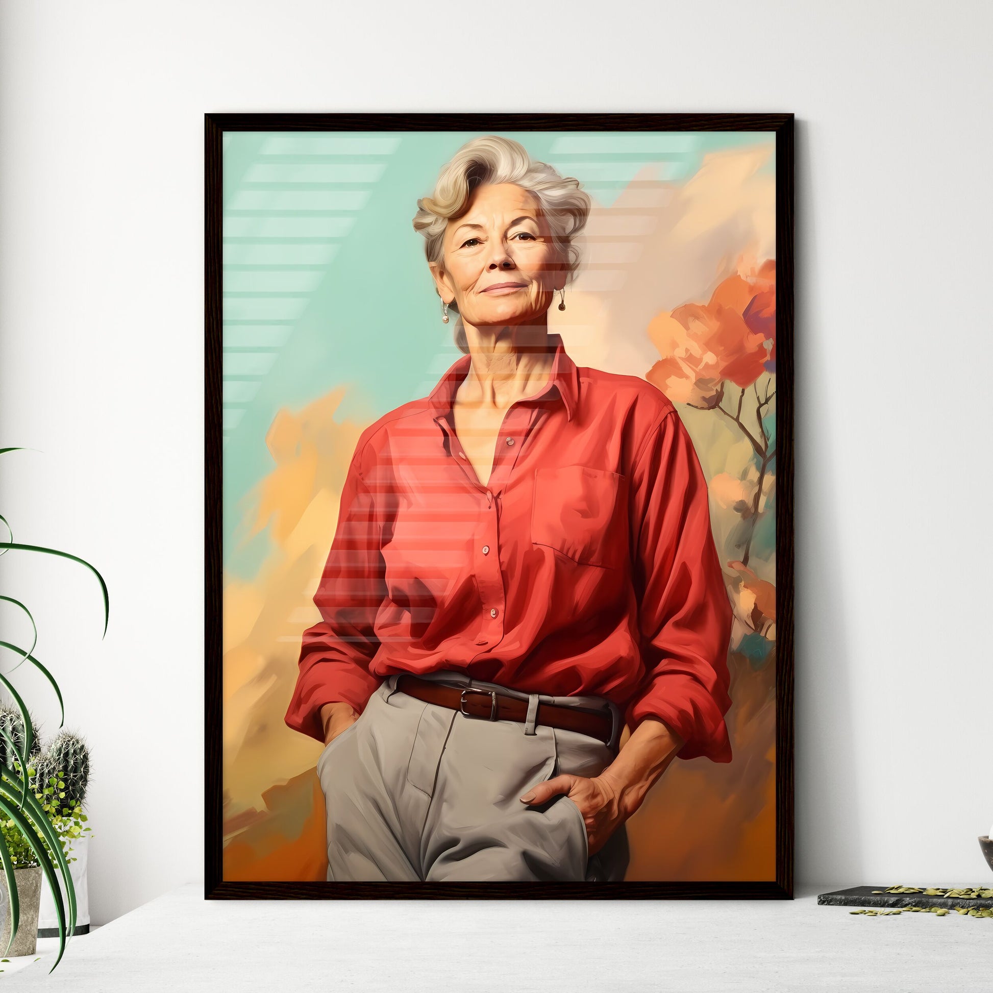 A Poster of Woman in her 70s wearing stylish - Framed Art Print