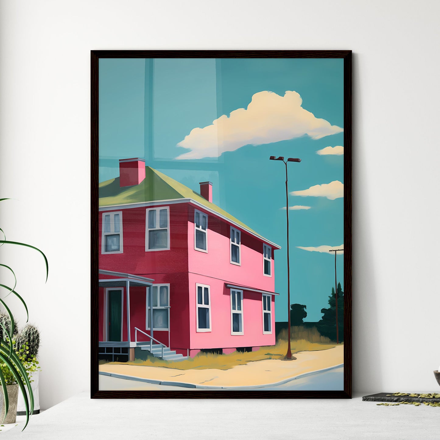 A Poster of nursing home saturated color - A Pink House With A Green Roof Framed Art