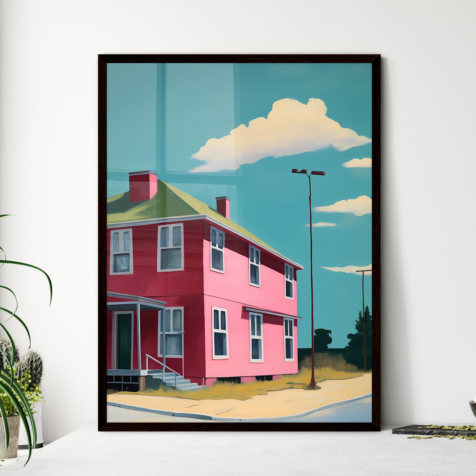 A Poster of nursing home saturated color - A Pink House With A Green Roof Framed Art