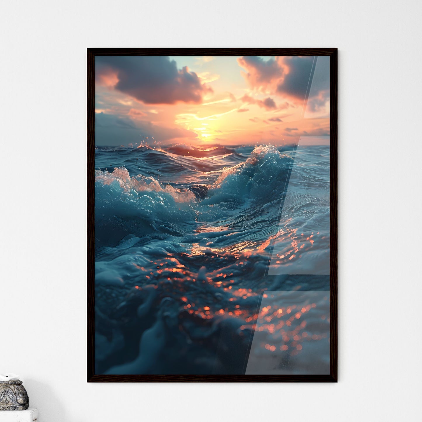 A Poster of sunset kissing the shimmering oc - Framed Art Print
