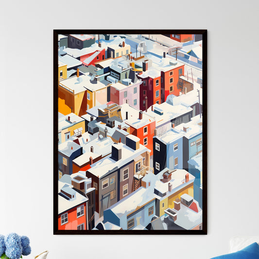 A Poster of snowy urban roofs of New York City - A Group Of Buildings Covered In Snow Framed Art