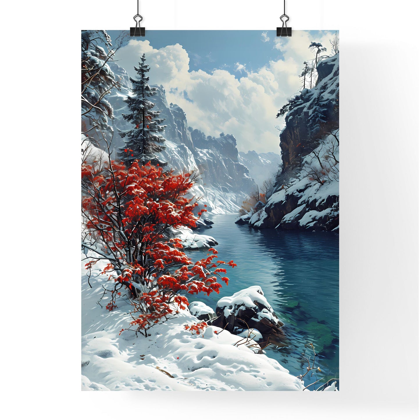 A Poster of Mountains landscape - A Snowy Mountain River With Trees And A Red Tree Default Title