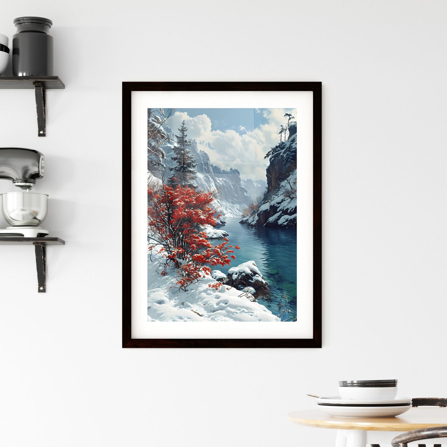 A Poster of Mountains landscape - A Snowy Mountain River With Trees And A Red Tree Default Title