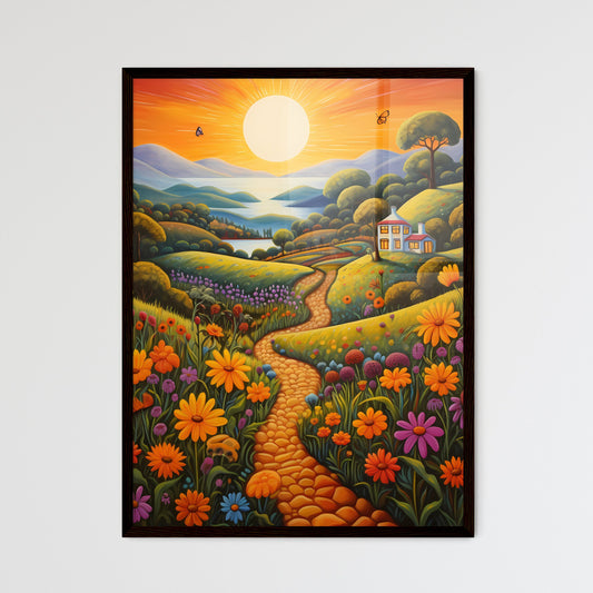 A Poster of summer landscape - A Painting Of A House And Flowers On A Hillside Default Title