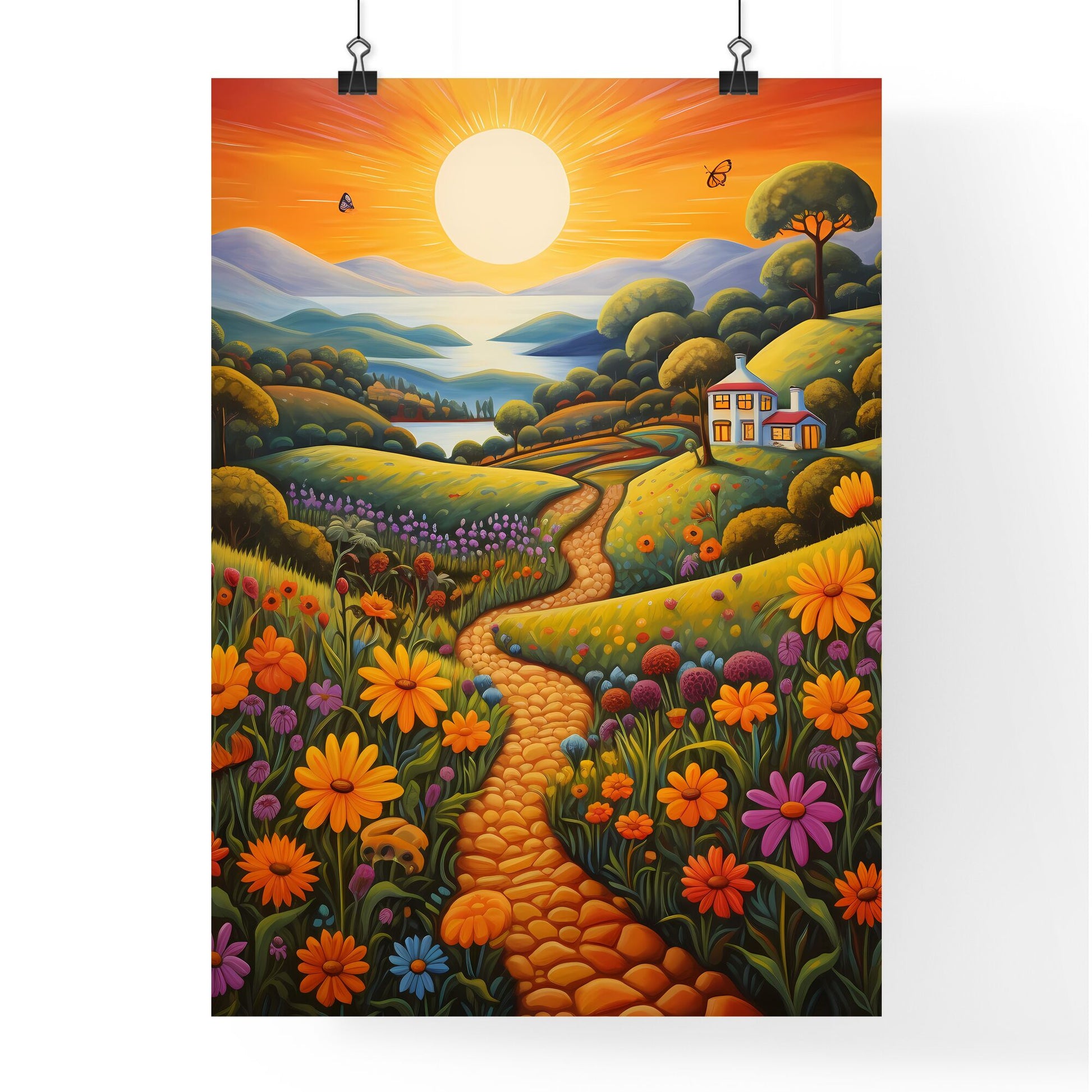 A Poster of summer landscape - A Painting Of A House And Flowers On A Hillside Default Title