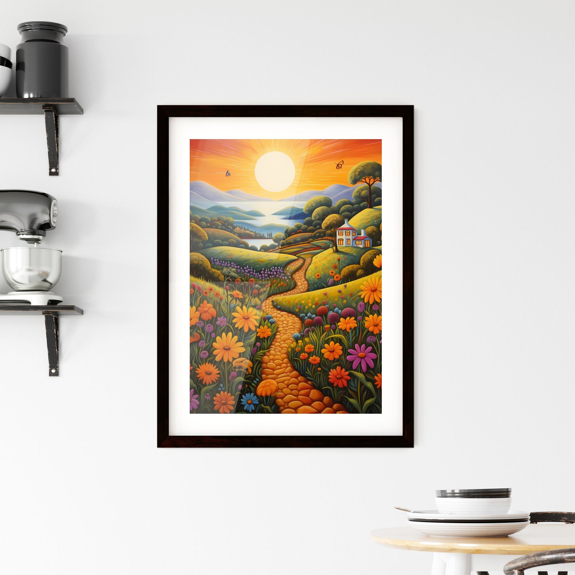 A Poster of summer landscape - A Painting Of A House And Flowers On A Hillside Default Title