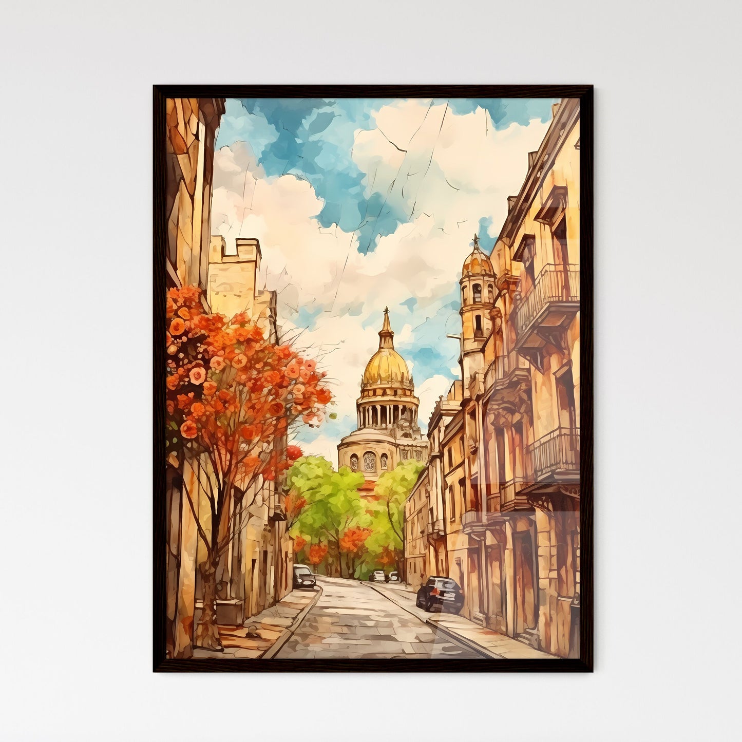 A Poster of cinco de mayo holiday - A Street With Buildings And Trees And A Building With A Dome Framed Art